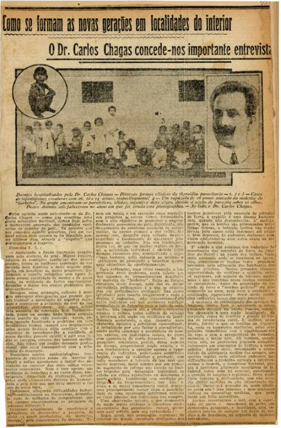 Digitalização de uma entrevista de Carlos Chagas para o jornal A Noite, de 1916. Sobre o texto, há uma foto com diversas crianças e, ao lado, uma pintura do sanitarista. 