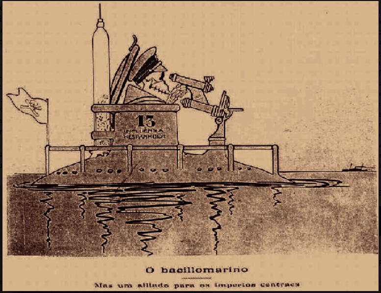 Digitalização de uma charge do jornal A Careta de 1918. Há o desenho de um homem dentro da escotilha de um submarino observando um periscópio.