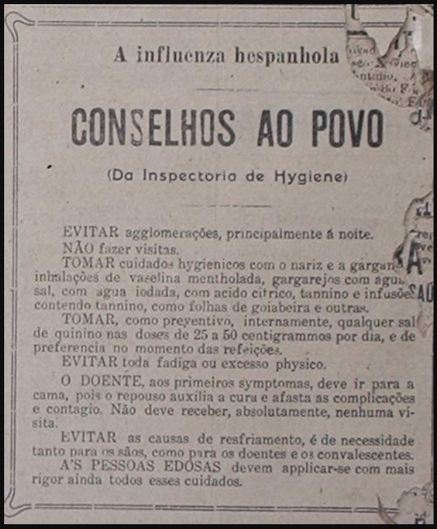 Digitalização de uma nota informativa publicada no jornal A República de 1918. Há o texto “A influenza espanhola. Conselhos ao povo. Da inspectoria de Hygiene”.