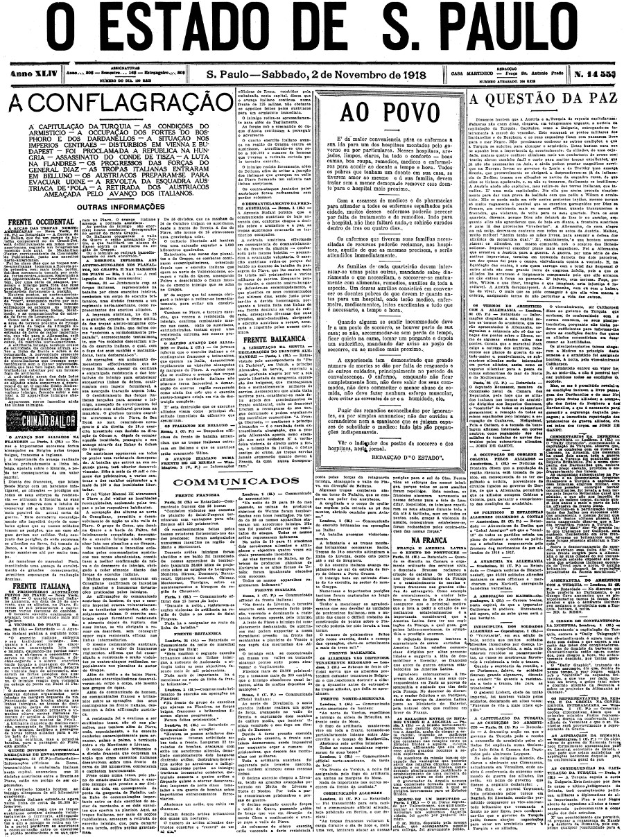 Digitalização da primeira página do jornal O Estado De S. Paulo, de 2/11/1918, sobre a gripe espanhola. 