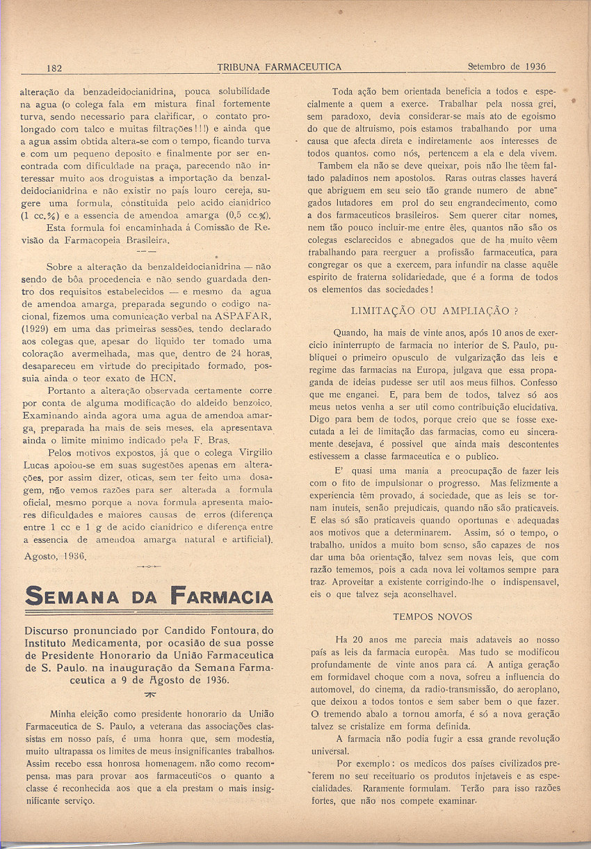 Foto do discurso de Cândido Fontoura publicado na Tribuna Farmacêutica, em setembro de 1936.