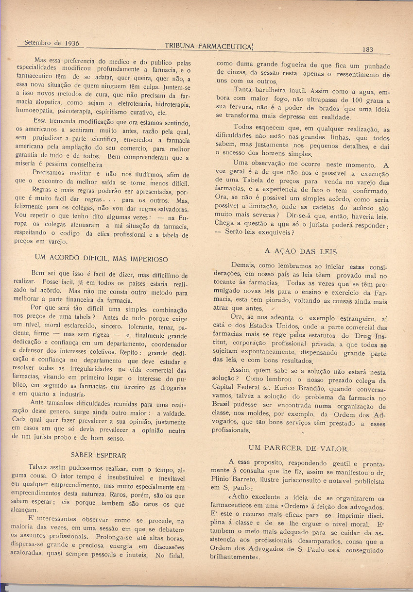 Foto do discurso de Cândido Fontoura publicado na Tribuna Farmacêutica, em setembro de 1936.