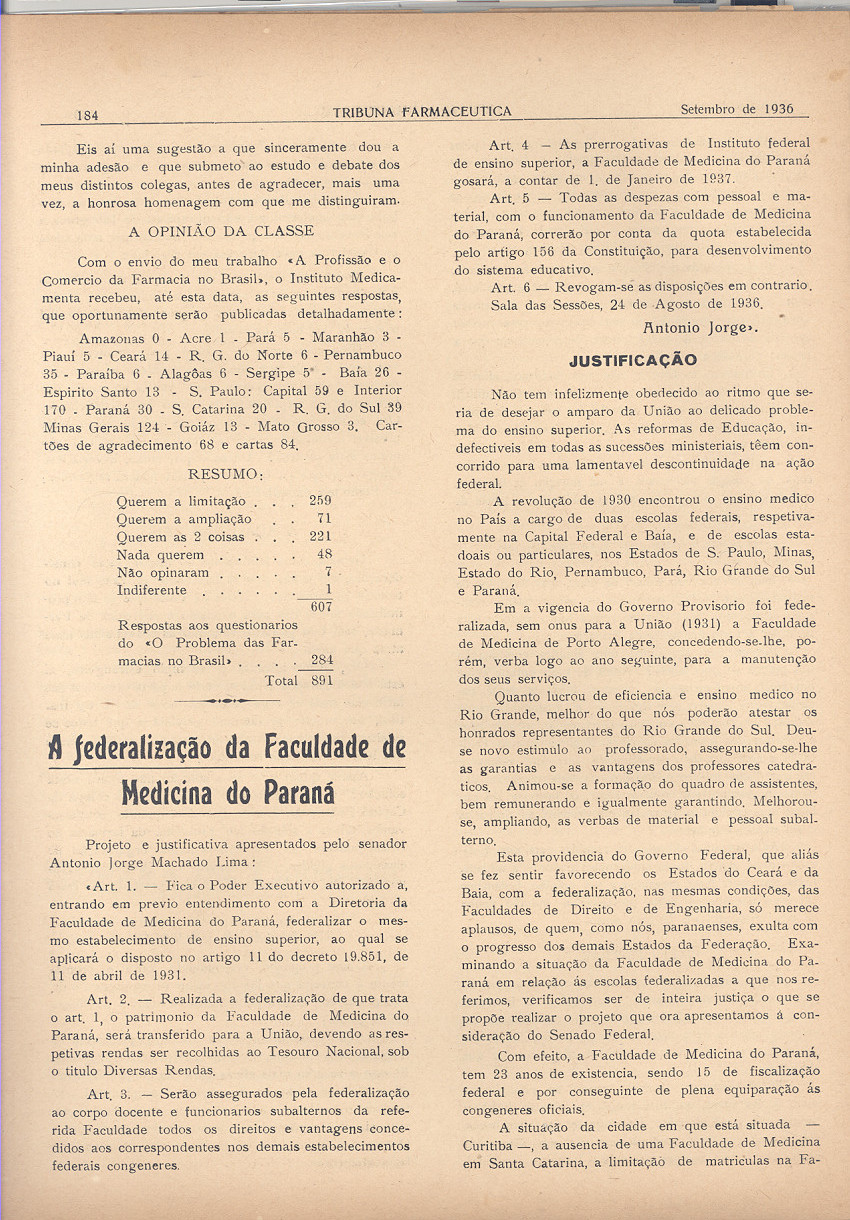 Foto do discurso de Cândido Fontoura publicado na Tribuna Farmacêutica, em setembro de 1936. 