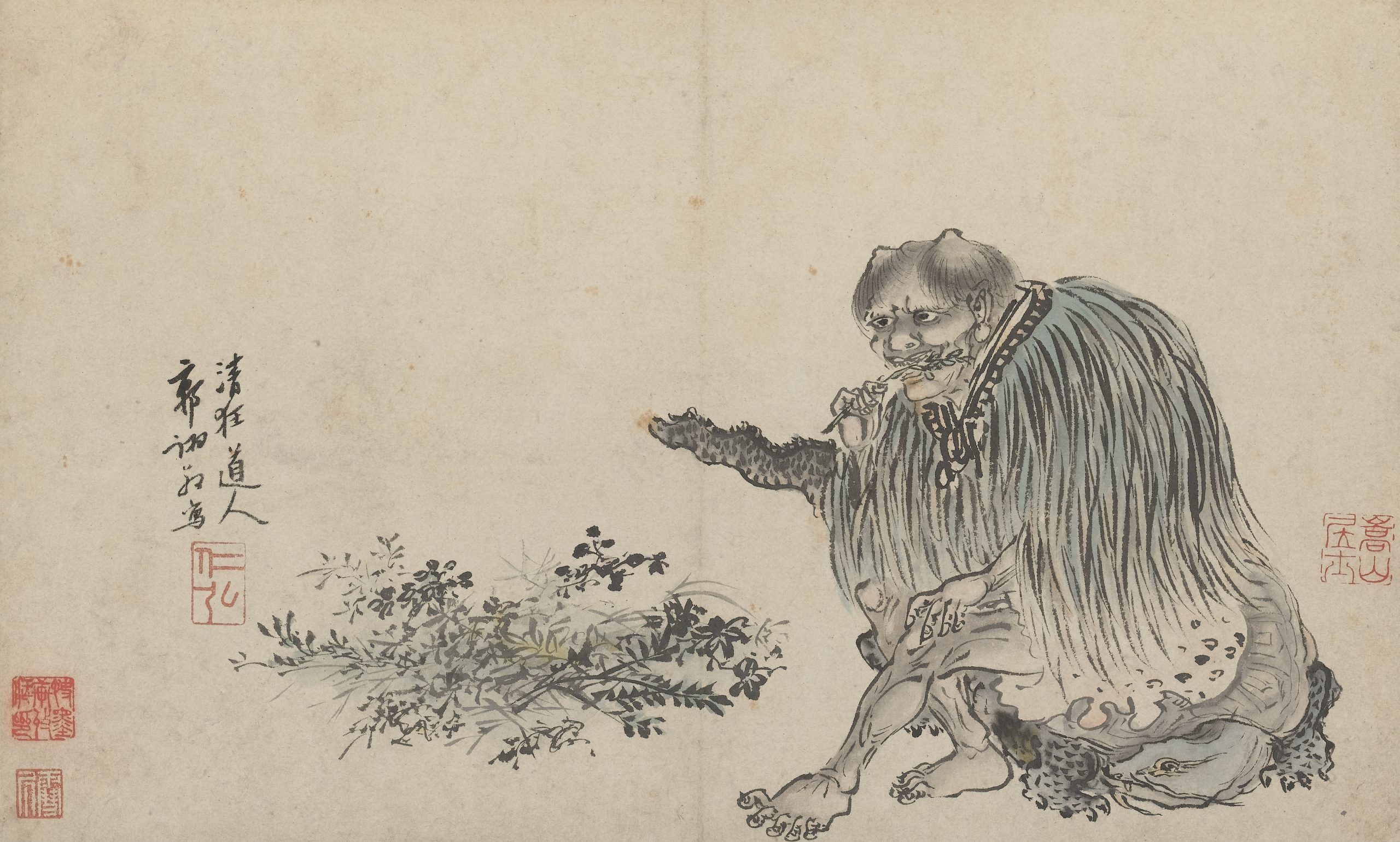 Pintura em preto e branco de Shennong, o Segundo Imperador da China. Ele está sentado, com uma planta na boca e usa um casado de pele animal.