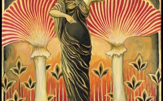 Pintura da deusa Soma, uma mulher de cabelos escuros compridos e vestido longo. Ela está com a cabeça virada para o lado e o rosto apoiado sobre sua mão esquerda.