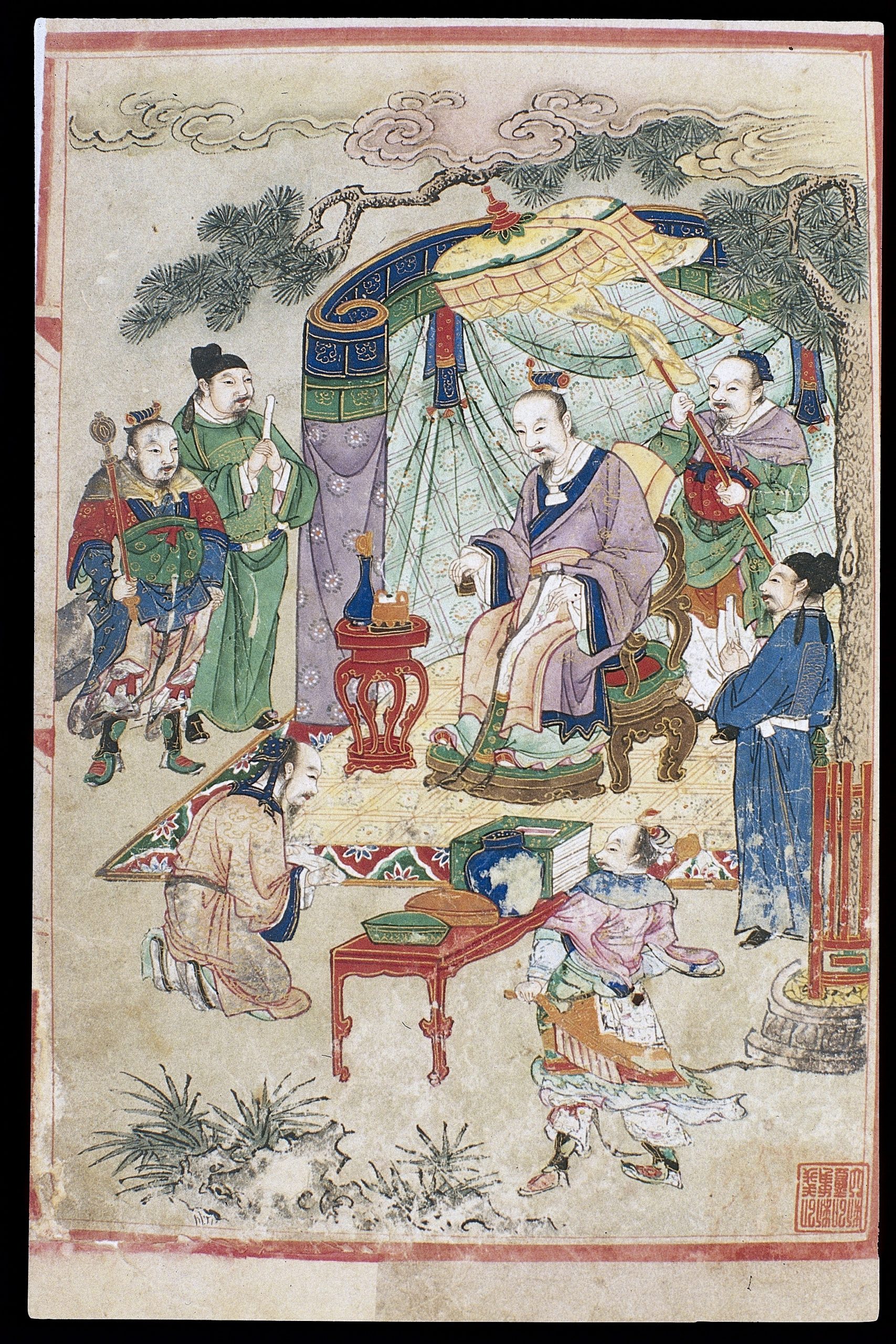 Pintura colorida de Huangdi, conhecido como o Imperador Amarelo, na China Antiga. Ele está sentado em uma cadeira e há alguns homens ao seu redor.