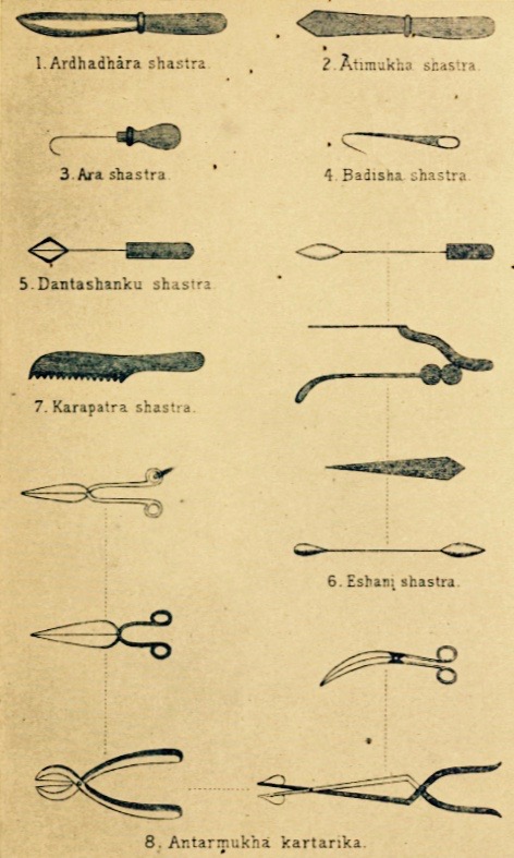 Digitalização de uma página da obra sushruta samhita com a ilustração de diversas instrumentos médicos.