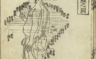 Desenho em preto e branco de um diagrama de acupuntura. Há uma pessoa de lado e os pontos principais do corpo destacados com traços e escritas em chinês.