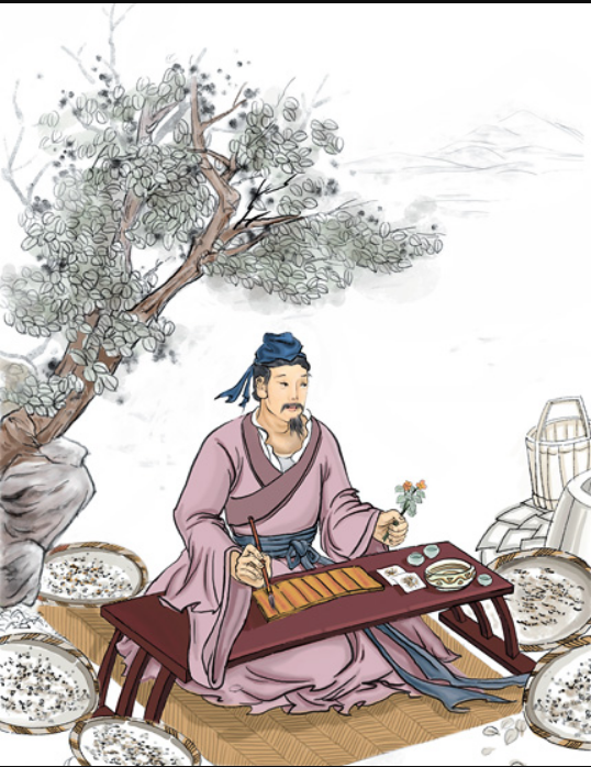 Pintura colorida do médico Chang Chong-King sentado sob uma árvore. Ele usa quimono e adereço na cabeça, tem cabelos e cavanhaque escuro e manuseia plantas em uma mesa baixa à sua frente.