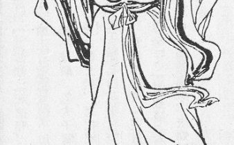 Desenho em preto e branco do médico Hua Tuo. Ele usa quimono e adereço na cabeça e segura uma bandeja com a mão direita.