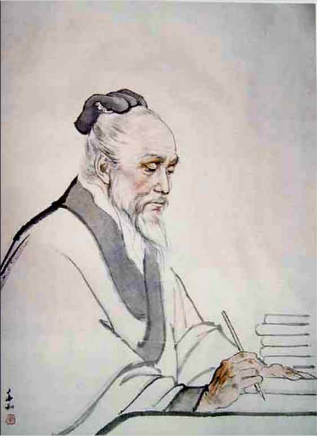 Pintura colorida do médico Wang Shuhe. Ele tem barba e cabelos brancos, usa quimono e adereço na cabeça e escreve em um papel que está na mesa à sua frente.