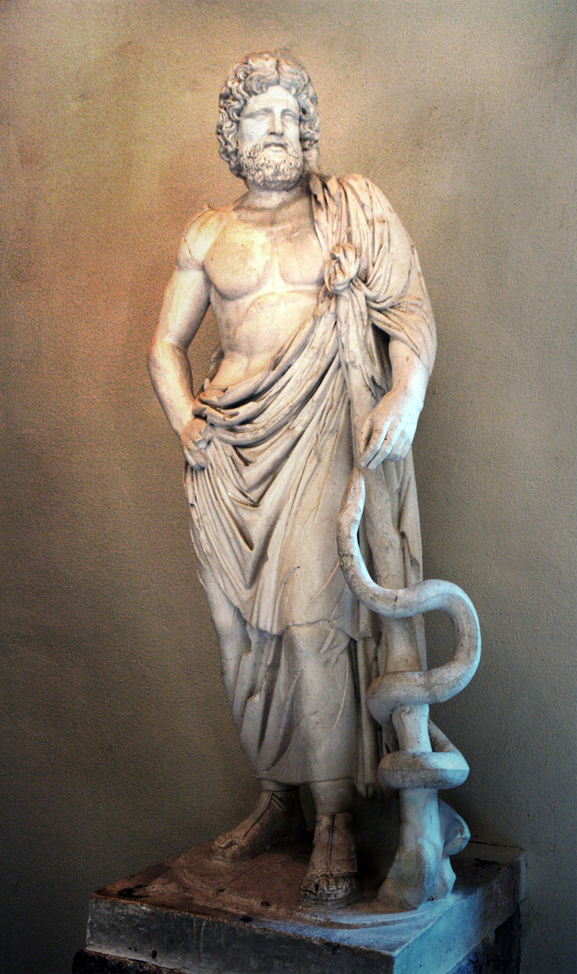 Estátua do deus Asclépio. Ele está de pé, usando uma túnica e ao seu lado há uma cobra com a cara próxima de sua mão.