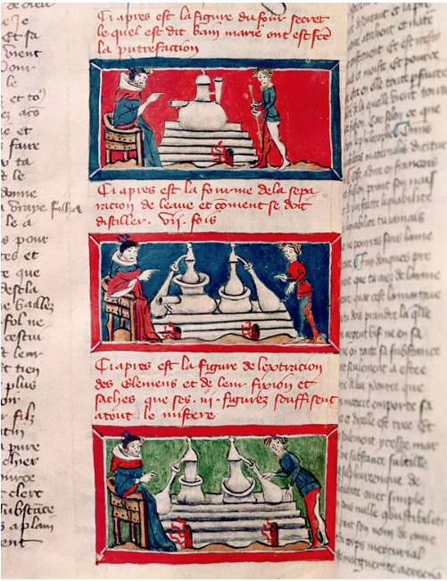 Digitalização da página de um manuscrito do século 14 com três ilustrações. Nelas, há pessoas manipulando chaleiras antigas que estão sobre o fogo.