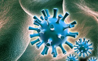 Imagem, na cor azul, do modelo digital do vírus da herpes.