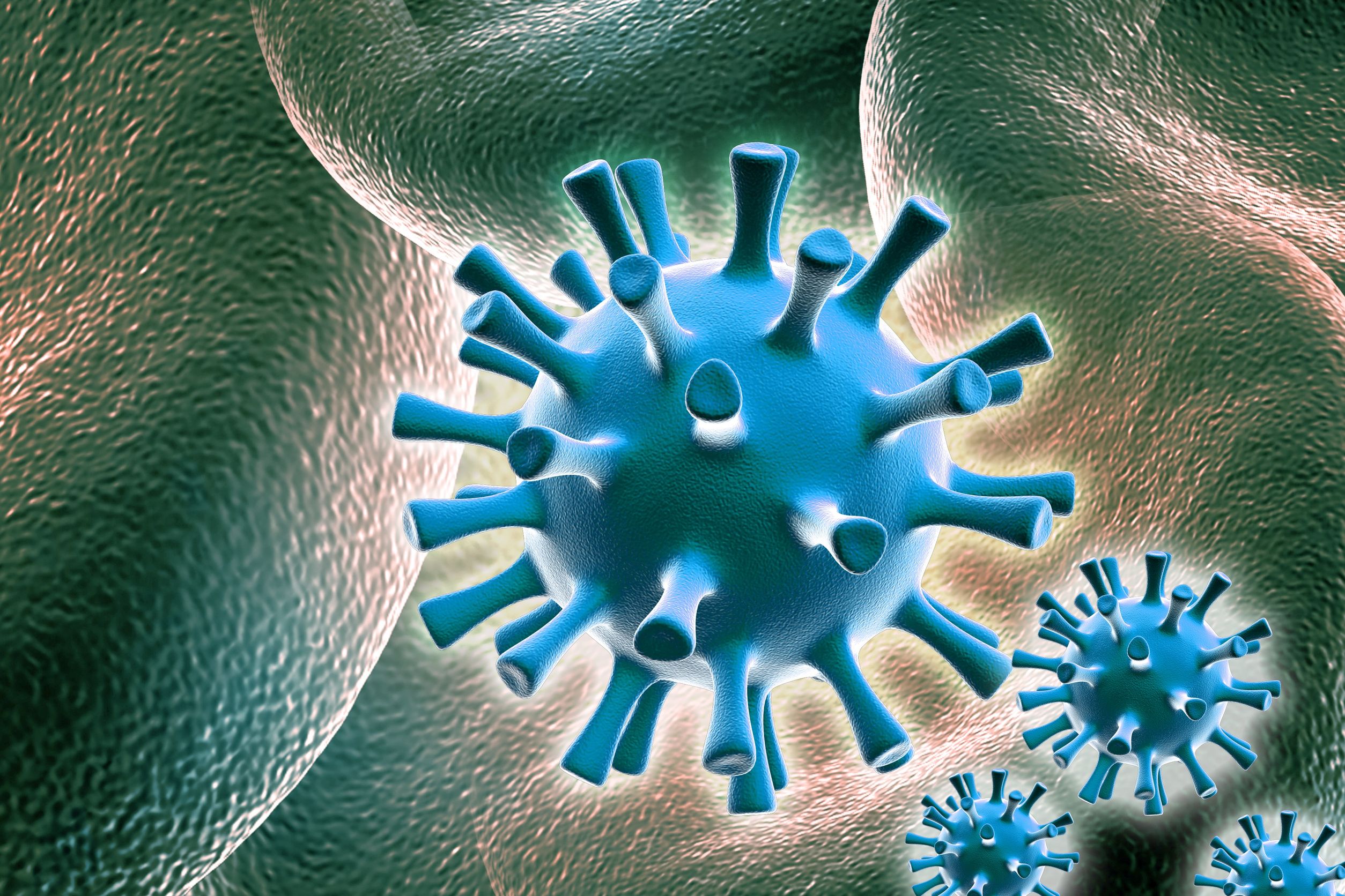 Imagem, na cor azul, do modelo digital do vírus da herpes.