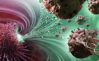Imagem de agentes nanorrobóticos circulando pelo sangue atacando células cancerosas. As cores predominantes são o vermelho escuro e o verde claro.