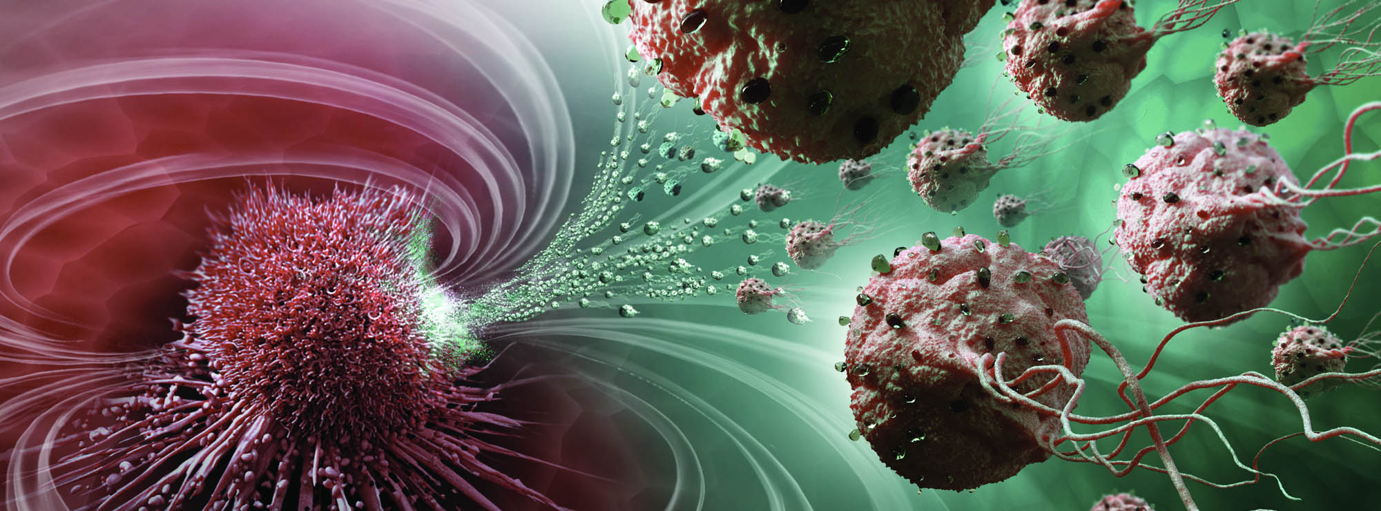 Imagem de agentes nanorrobóticos circulando pelo sangue atacando células cancerosas. As cores predominantes são o vermelho escuro e o verde claro.