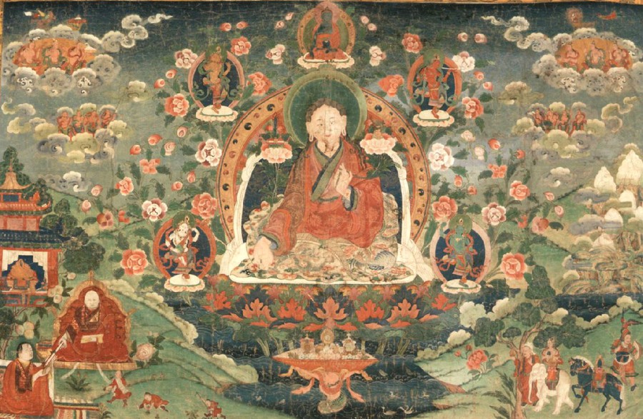 Pintura colorida do século 12 do médico tibetano Yutog Yontan Gonpo. Ele está sentado no meio da imagem com uma flor em sua mão esquerda.