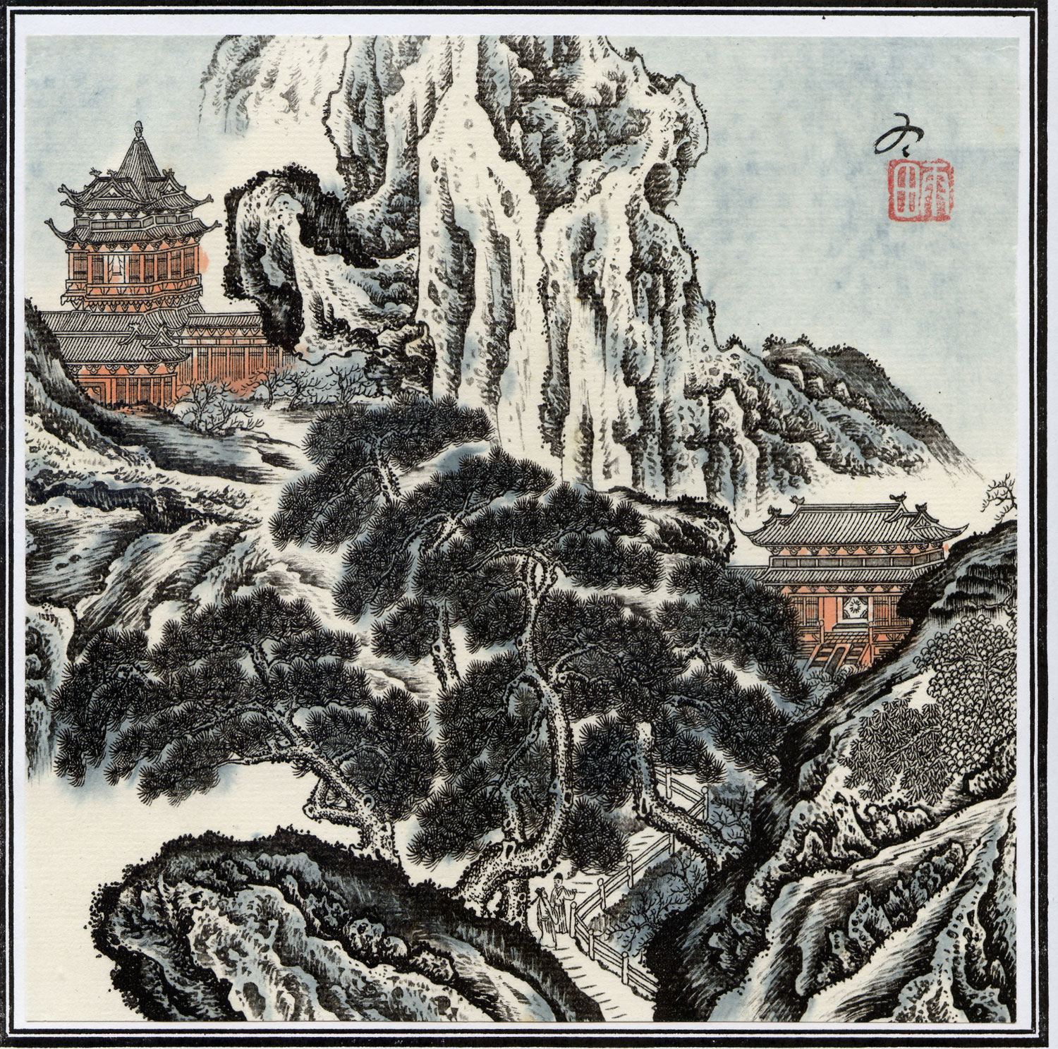 Ilustração colorida de uma montanha e, ao lado dela, 2 construções chinesas com telhado de madeira.