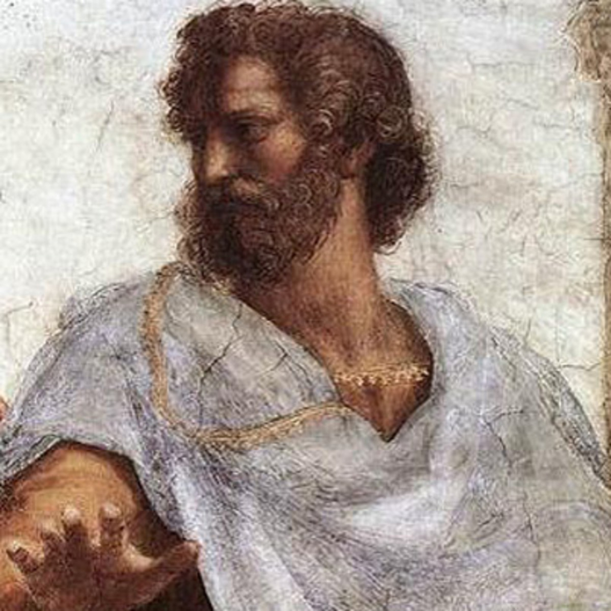 Pintura colorida do filósofo Aristóteles. Ele tem barba e cabelos grandes em tom castanho e está com a cabeça virada para o lado e o braço direito estendido.