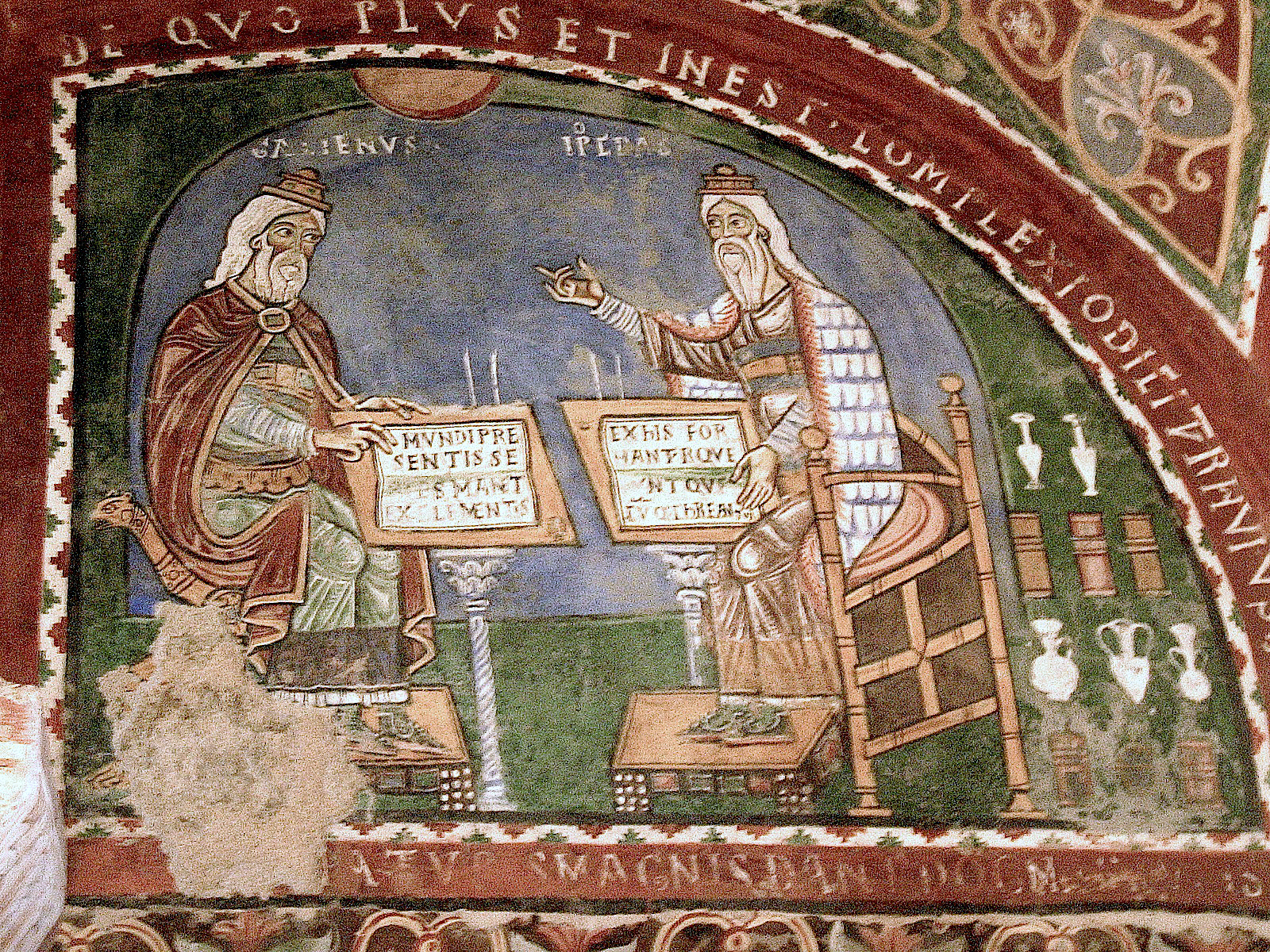 Pintura do século 12 com os médicos e filósofos romanos Galeno e Hipócrates. Eles têm barbas e cabelos brancos e compridos, usam túnicas e gesticulam.