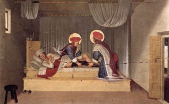 Pintura de São Cosme e São Damião atendendo uma pessoa que está deitada em uma cama.