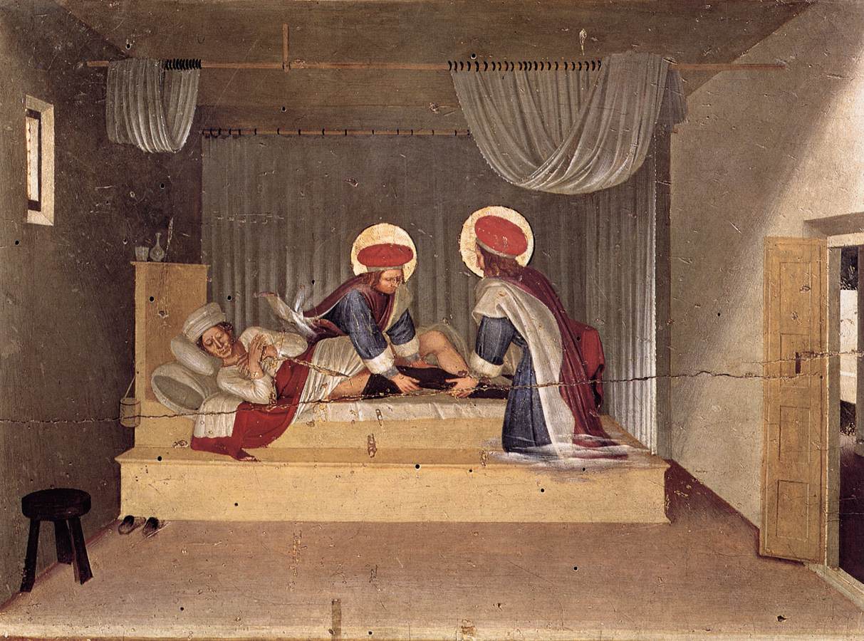 Pintura de São Cosme e São Damião atendendo uma pessoa que está deitada em uma cama.