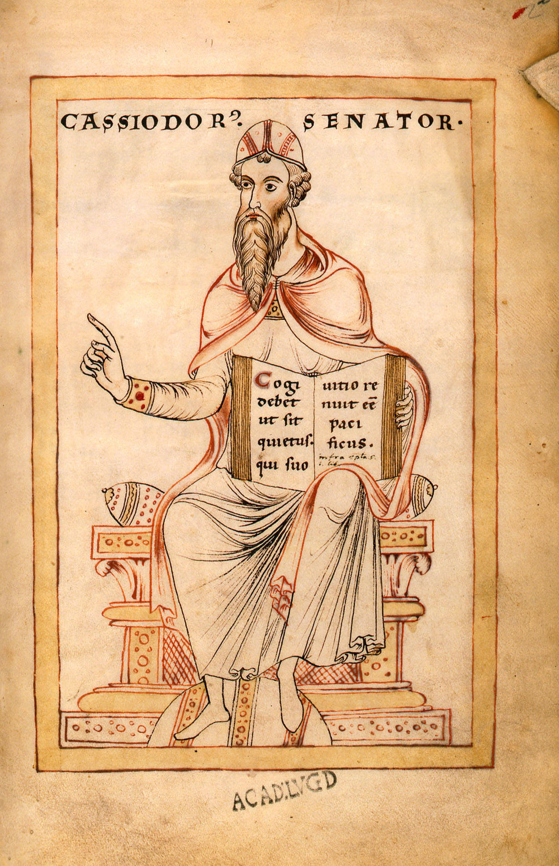 Pintura colorida do escritor e estadista romano Cassiodoro. Ele tem barba longa, usa um adereço na cabeça e está sentado com um livro em sua mão esquerda.