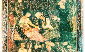 Digitalização da capa de um manuscrito medieval do Cânone de Avicena. Uma pintura colorida com a ilustração de pessoas.