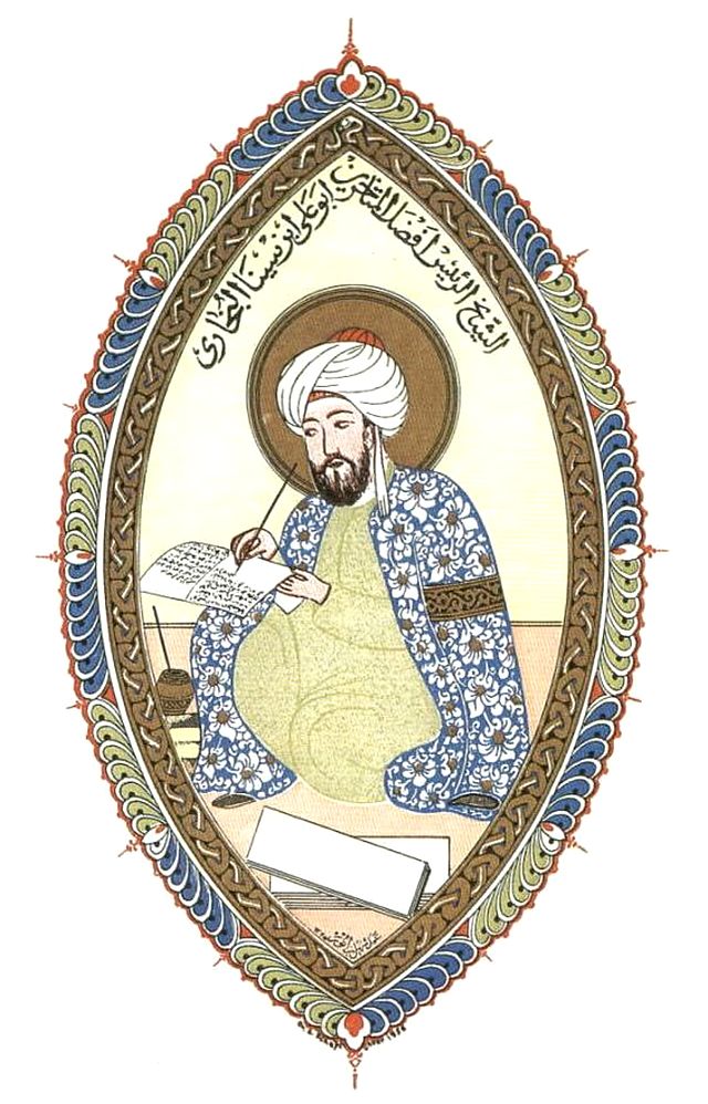 Ilustração colorida do filósofo e médico persa Avicena. Ele usa um turbante branco na cabeça, tem barba castanha e escreve em um papel que está em sua mão.