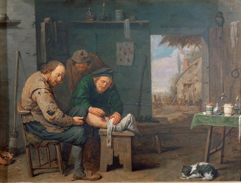 Pintura Cirurgião-barbeiro, de David Ryckaert III com um ambiente simples e, nele, um homem curvado cuidando da ferida na perna de outro homem, que está sentado.