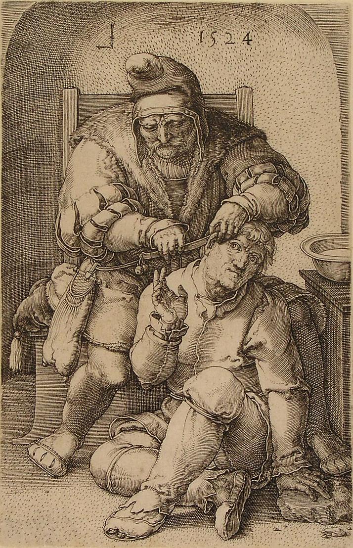 Ilustração em preto e branco feita por Lucas Van Leiden de um homem sentado em uma cadeira cortando o cabelo de um homem que está sentado no chão.