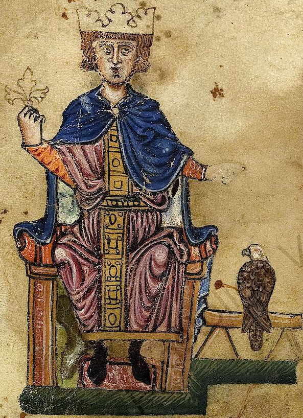 Pintura colorida do final do século 13 do imperador do Sacro Império Romano-Germânico Frederico II. Ele usa coroa, está sentado em um banco e, ao seu lado, há uma ave de rapina.