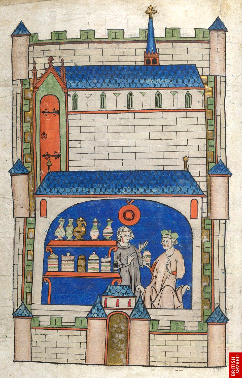 Ilustração colorida e antiga de uma construção que lembra um castelo. Em destaque, há 2 pessoas dentro de uma farmácia. Há duas prateleiras e frascos diversos sobre elas.
