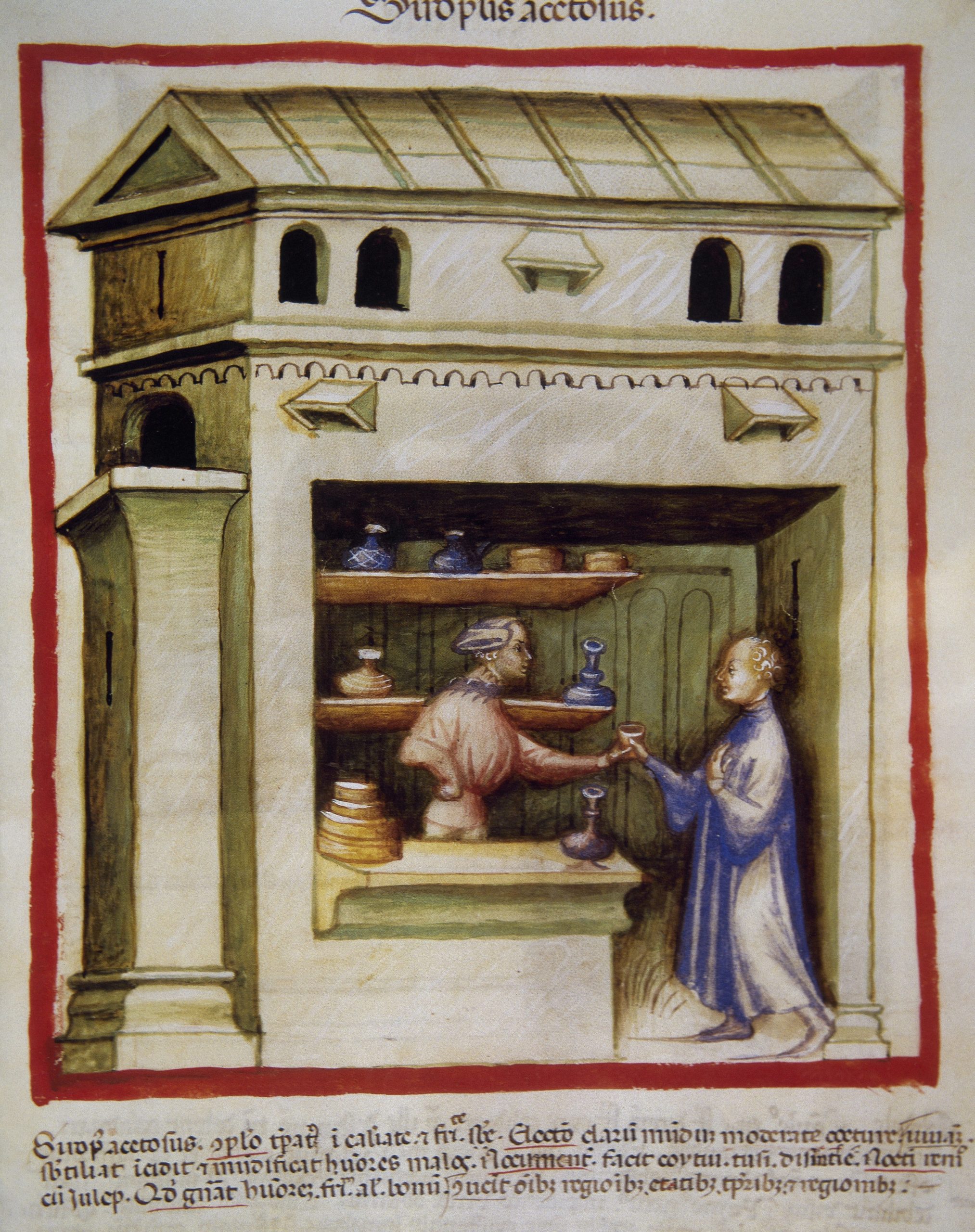 Pintura colorida de uma farmácia medieval do livro Tacuinum sanitatis. Há dois homens segurando um frasco e diversas prateleiras.