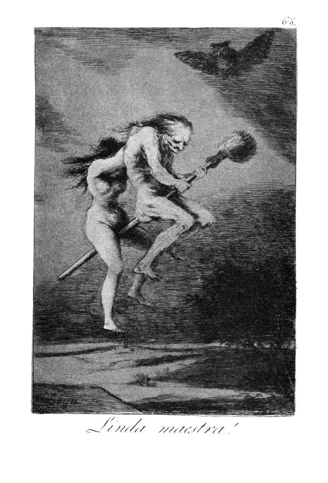 Ilustração em preto e branco de 1799, feita por Francisco de Goya, de um homem e uma mulher nus voando em uma vassoura ao contrário, com as cerdas para a frente e o cabo pra trás. Acima deles, há uma coruja.