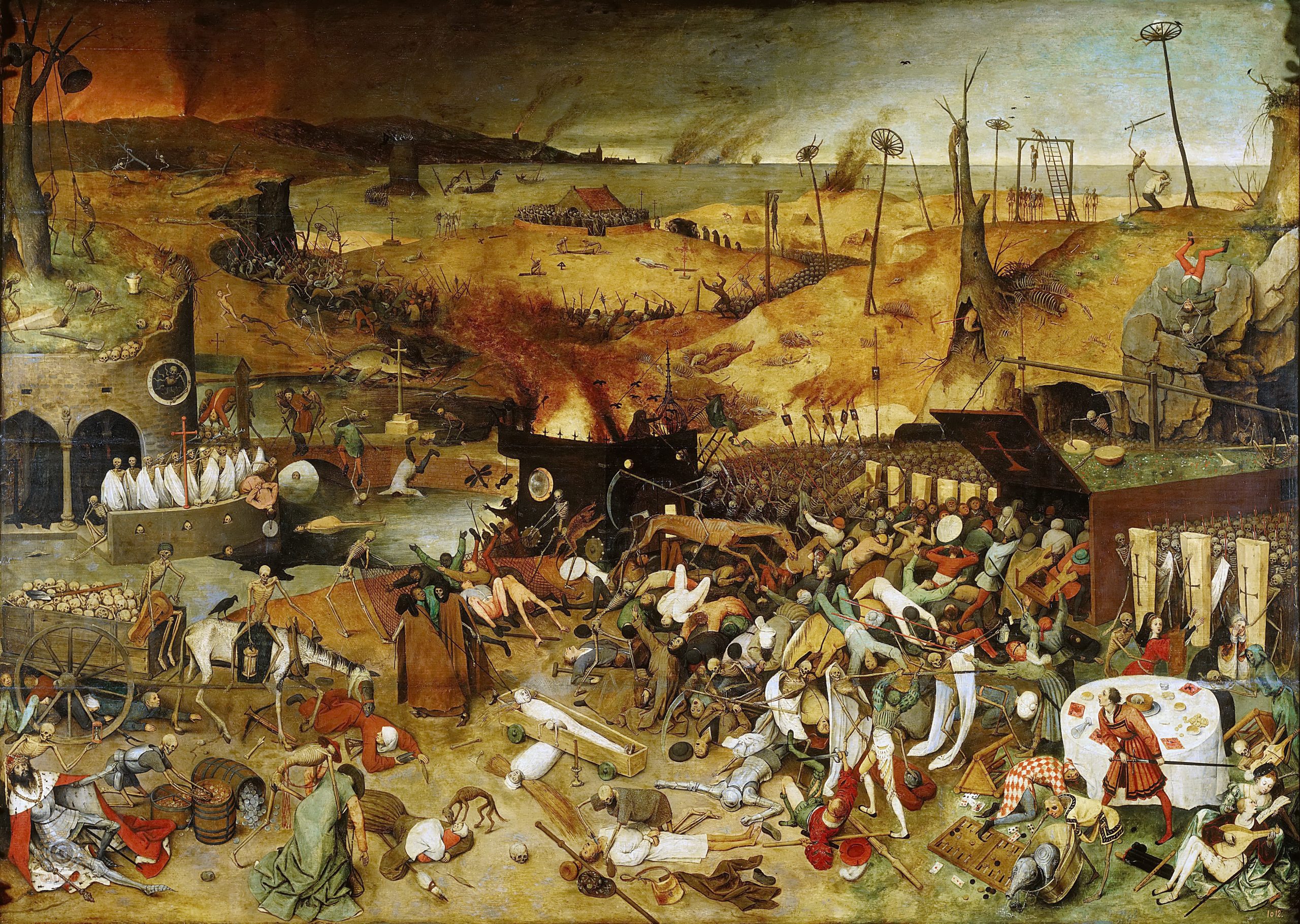Pintura “O triunfo da morte”, de Peter Breugel, datada de 1562, com um exército de caveiras atacando a cidade, homens e mulheres se defendendo e muitos corpos ao chão.