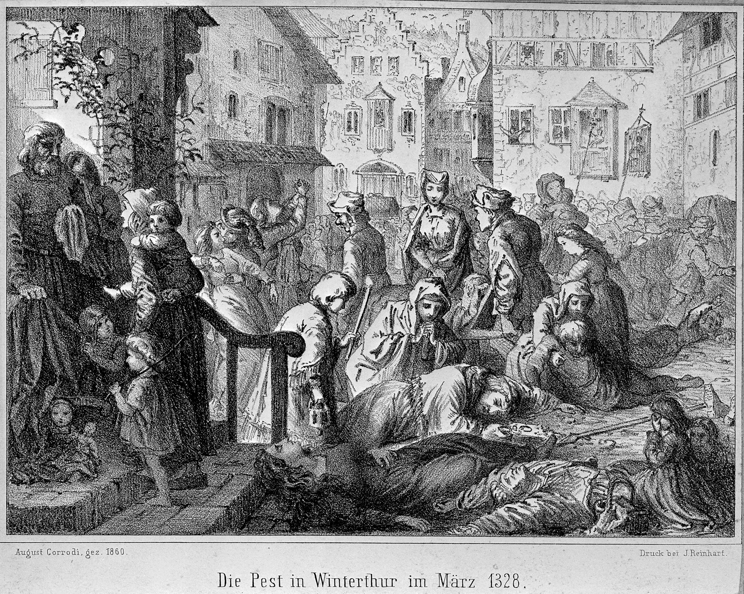Ilustração em preto e branco de A. Corrodi, de 1860, com adultos e crianças chorando sob corpos estirados no chão. Há o texto: “Die Pest in Winterthur im März 1328