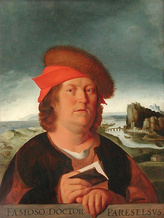 Pintura colorida do médico e cientista suíço Paracelso. Um homem com cabelos castanhos pouco acima dos ombros e chapéu na cabeça.