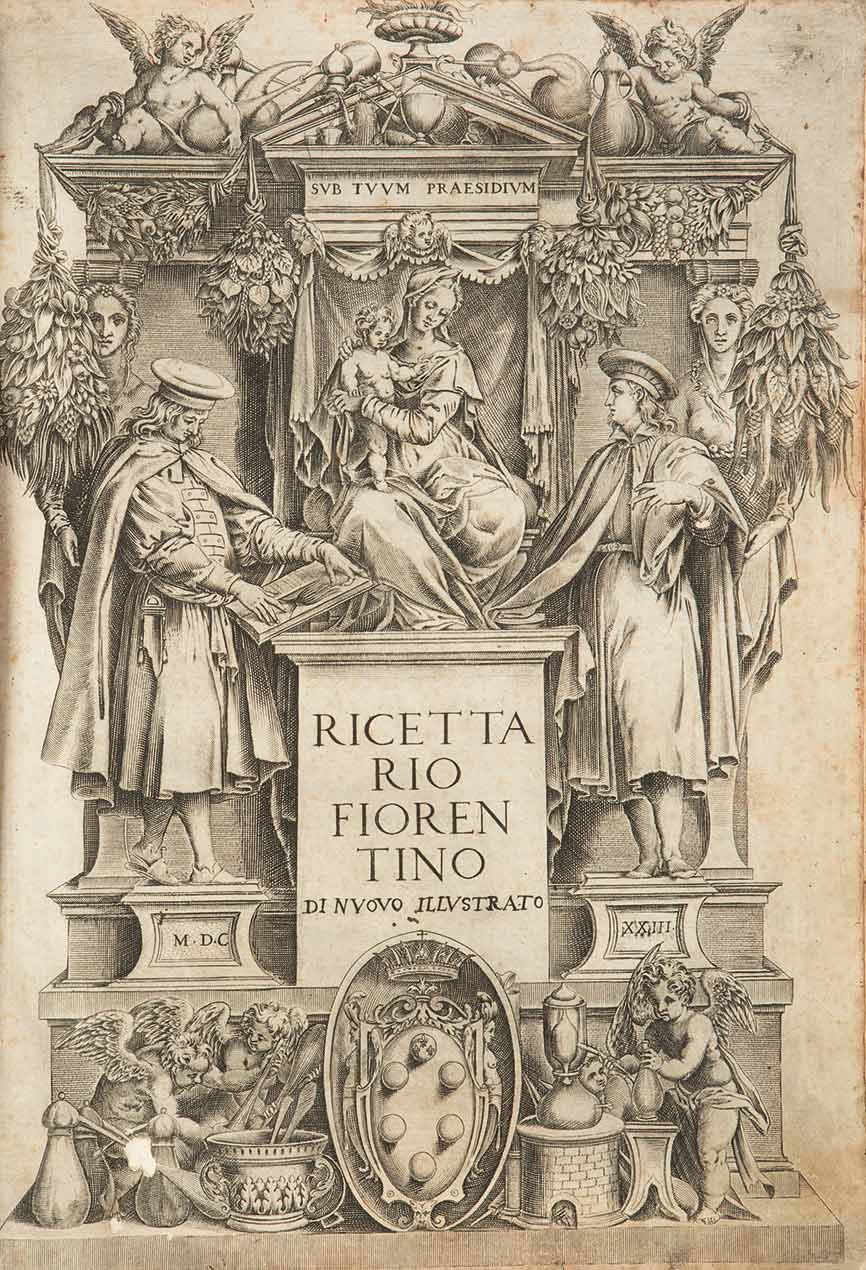 Capa da edição de 1597 do livro Nuovo Receptario com o desenho de diversas estátuas na frente de uma construção da época. Há uma mulher com uma criança no colo e dois homens ao redor dela. Em cima e embaixo, há diversos anjinhos fazendo atividades diversas.