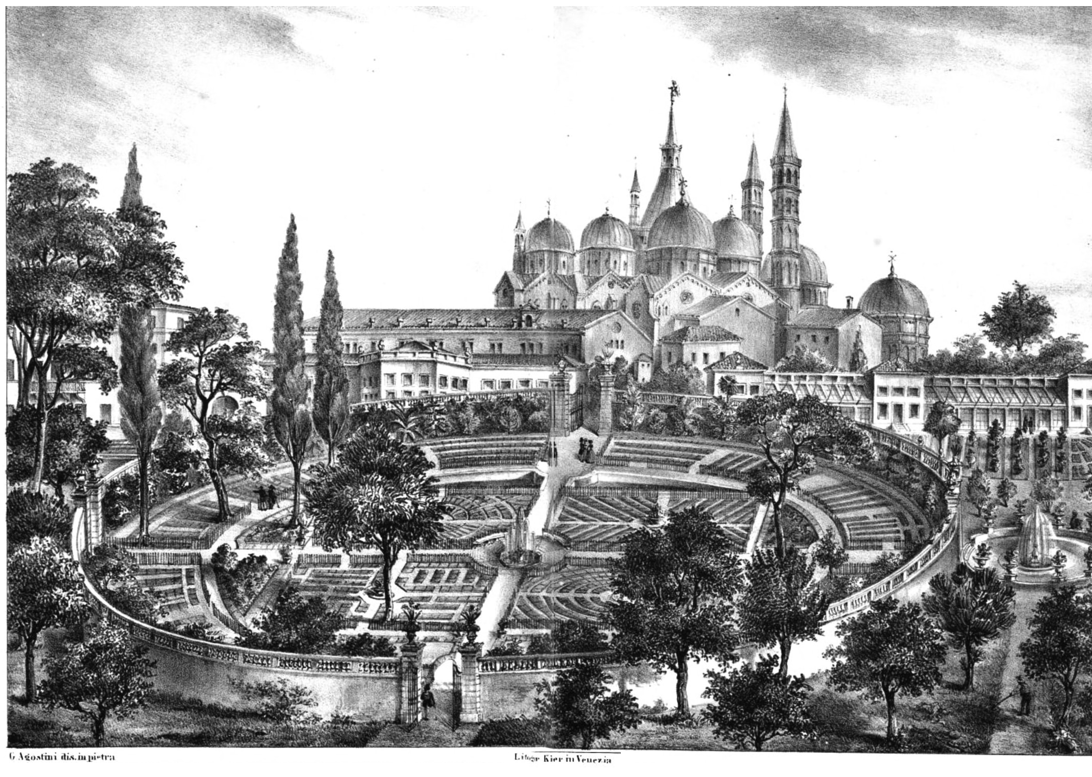 Ilustração antiga e em preto e branco do Jardim Botânico de Pádua, na Itália. Há uma construção ao fundo, diversas árvores e um jardim redondo ao centro.