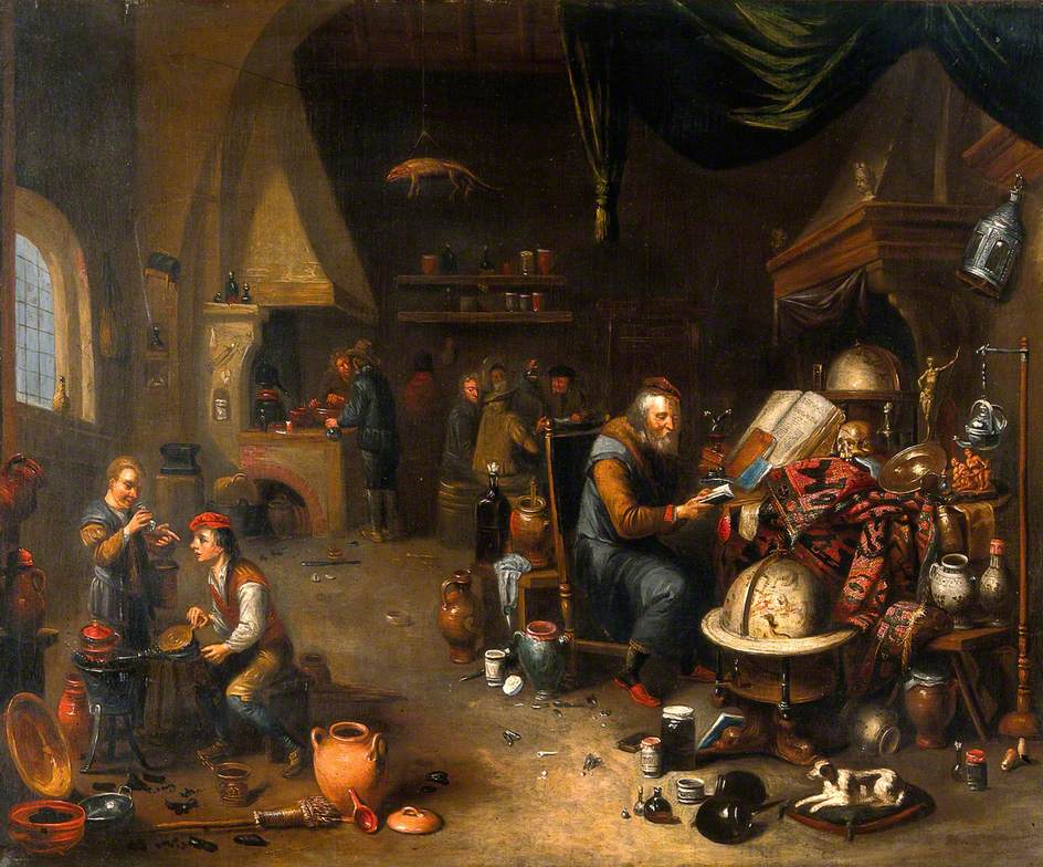 Pintura Um alquimista em seu laboratório, de Balthasar van den Bosschem, datada de 1700-1715. À direita, há um homem sentado com um livro nas mãos e, na mesa à sua frente, diversos objetos, como jarras diversas e um crânio. À esquerda, há dois homens conversando ao lado de uma chaleira no fogo. E, ao fundo, homens diversos sentados.