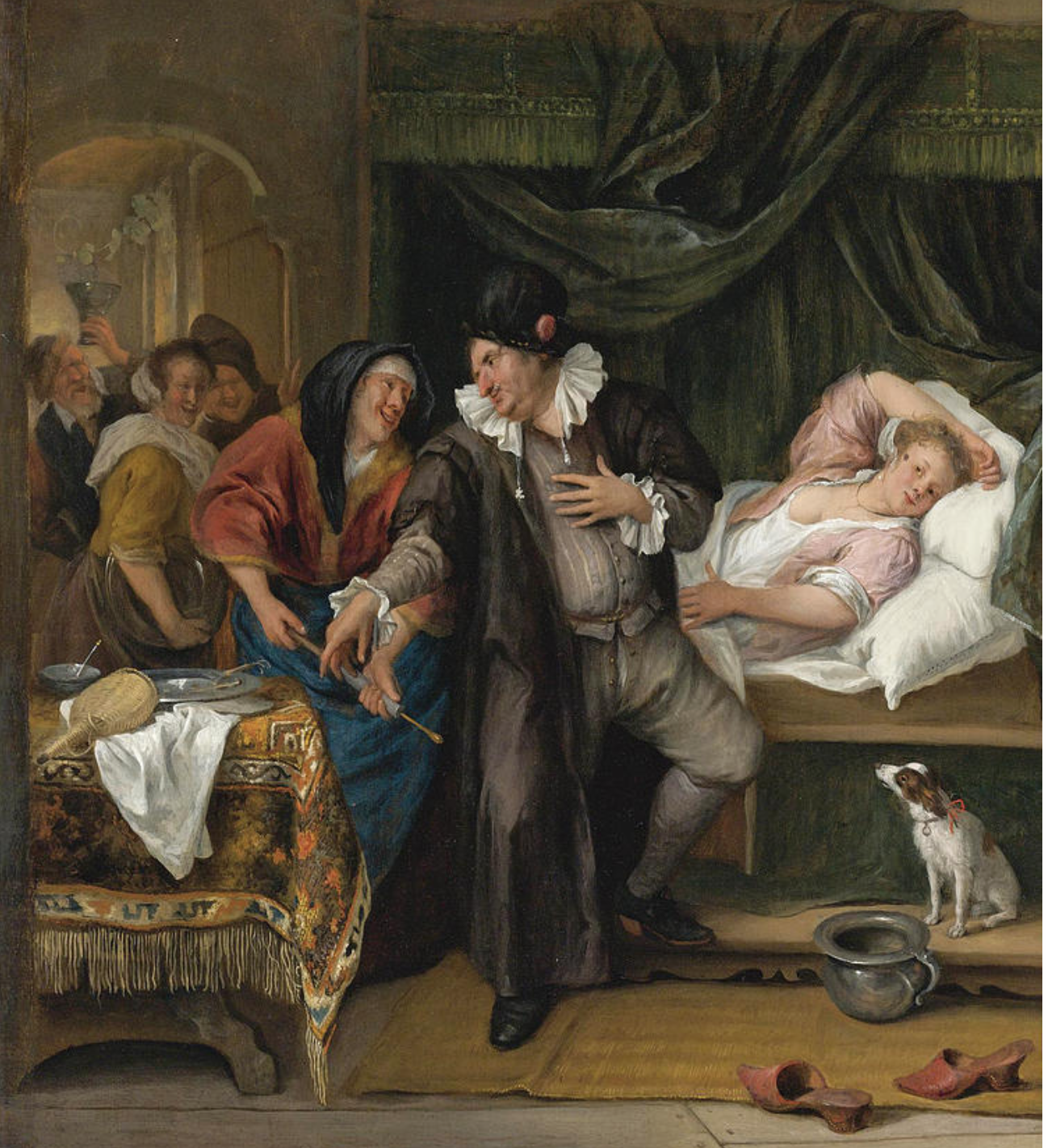 Pintura A visita do médico, de Jan Havicksz Steen, datada de 1665-1670. Há um homem olhando para uma mulher à sua direita e, à sua esquerda, uma mulher sobre uma cama.