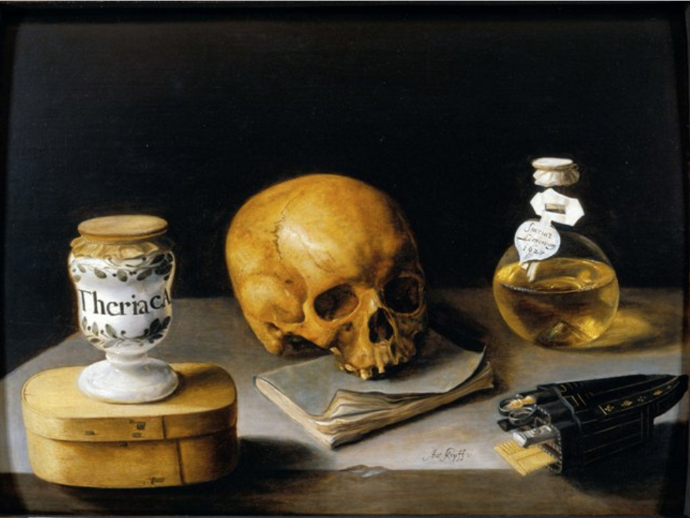 Pintura Frasco de teriaga, de Sébastien Stoskopff, de 1627, com uma jarra e um frasco sobre uma mesa. No meio delas, há um crânio sem a mandíbula em cima de um caderno com as pontas amassadas.