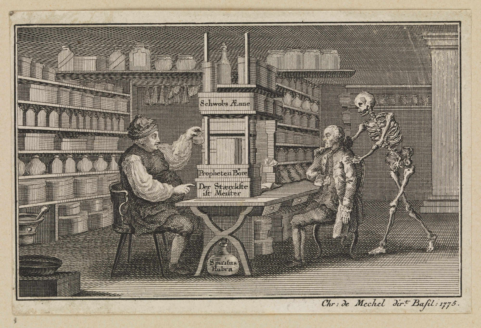 Gravura feita por C. Mechel em 1775 do médico suíço Michel Schüppach mostrando um frasco para um homem sentado do outro lado da mesa. Há uma caveira em pé segurando no ombro do paciente.