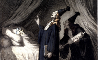 Pintura de cena de O doente de imaginário de Molière, feita por Honore Daumier, em 1850. Há um homem deitado em uma cama e, em pé, na frente dele, um homem segurando um livro. Atrás dele, na sombra, há um homem com uma seringa enorme nas mãos.