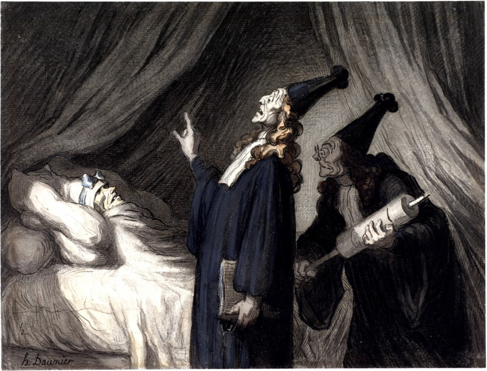 Pintura de cena de O doente de imaginário de Molière, feita por Honore Daumier, em 1850. Há um homem deitado em uma cama e, em pé, na frente dele, um homem segurando um livro. Atrás dele, na sombra, há um homem com uma seringa enorme nas mãos.