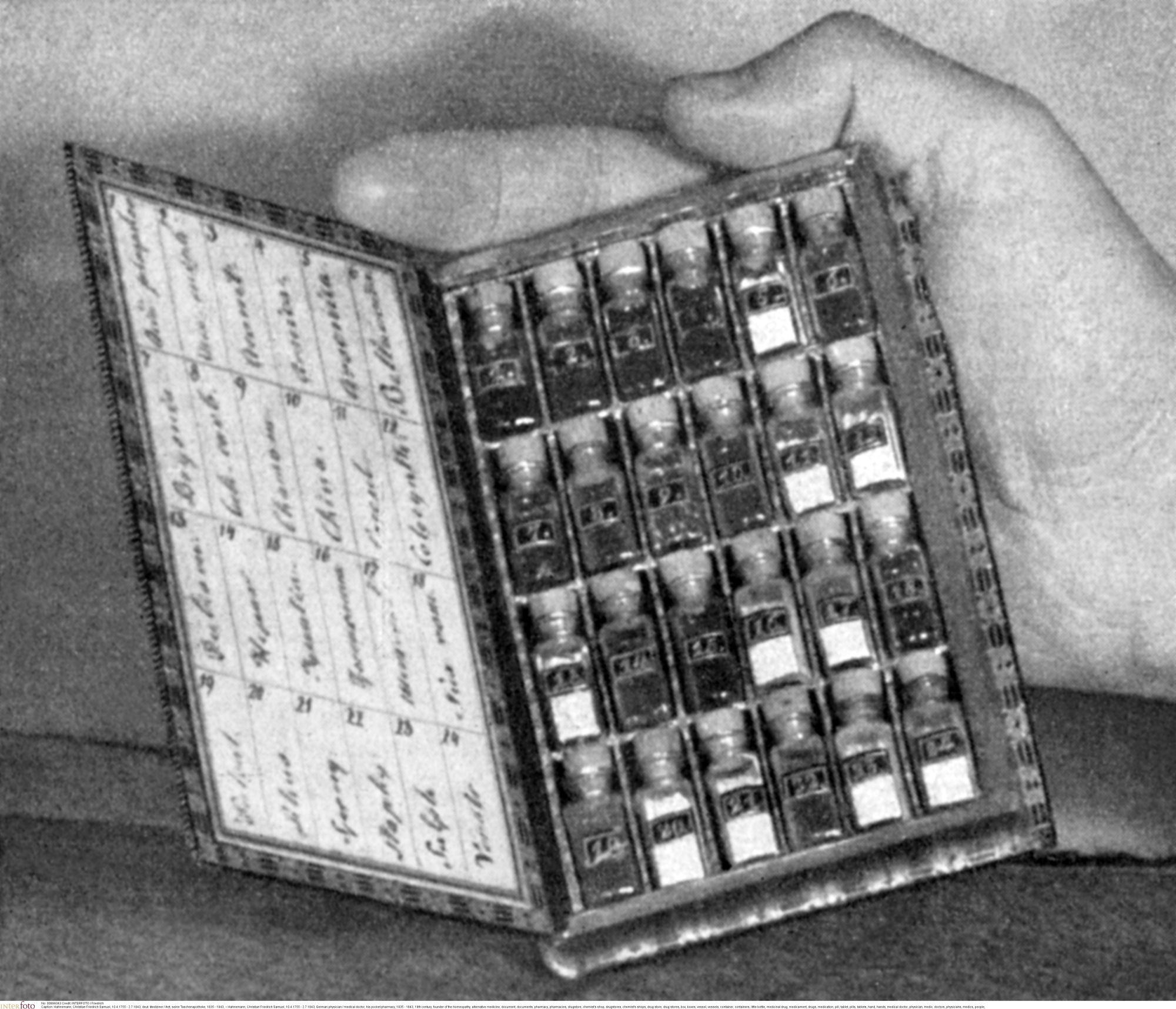 Foto antiga e em preto e branco da farmácia portátil do médico alemão Samuel Hahnemann. Um mostruário pequeno, do tamanho de uma mão, com diversos frascos dentro dele.
