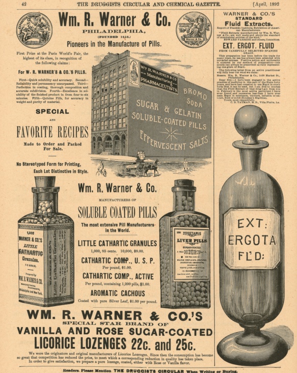 Digitalização de anúncio de comprimidos para o fígado. Além do texto datilografado, há a ilustração de três frascos do medicamento e um edifício.