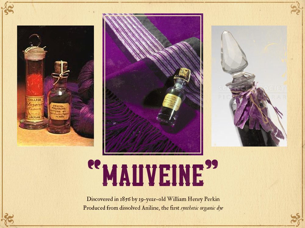 Digitalização de arte com montagem de três fotos de frascos de malveína e o texto em inglês "Mauveine. Discovered in 1856 by 19 year old William Henry Perkin. Produced from dissolved Aniline, the first synthetic organic dye."